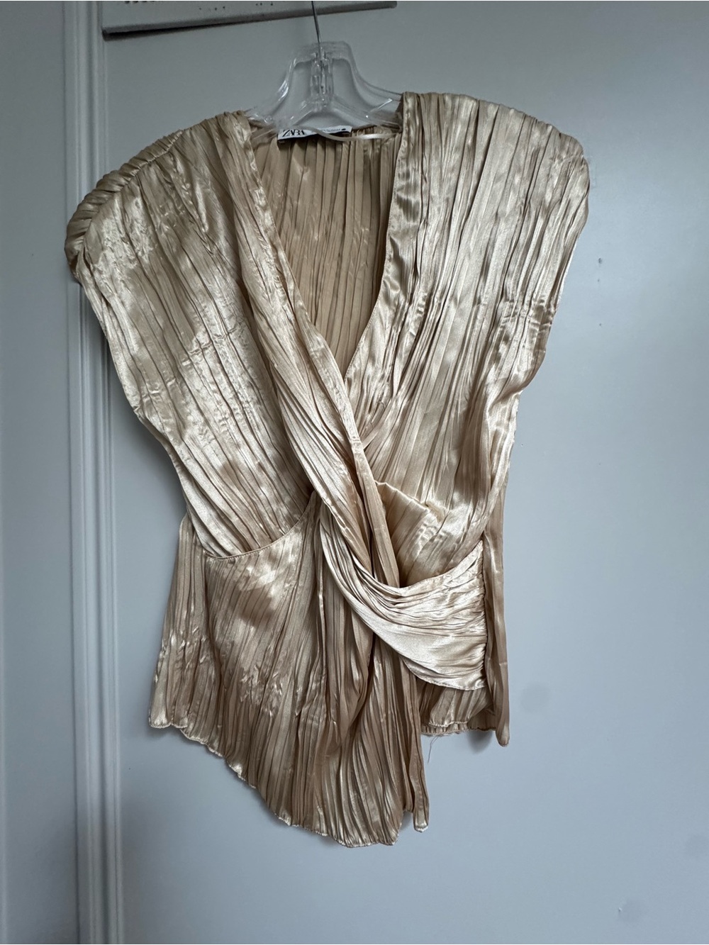 ZARA Pleated Satin Wrap Top in Champagne Gold